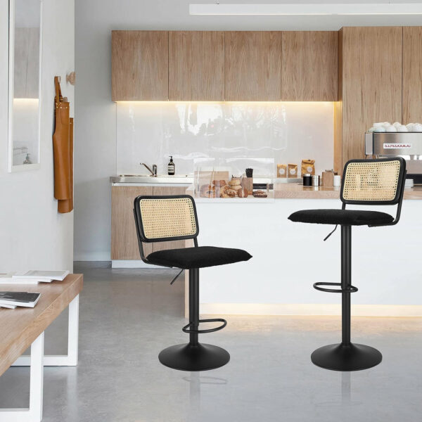 Finnhomy Modern Rattan Bar Stools Set of 2 - Natural Woven Design, Swivel Seat, Footrest, and Cane Backrest, Height Adjustable Bar Chairs for Kitchen Counter and Dining Room, PU Whisky