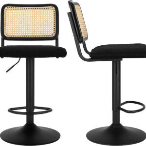 Finnhomy Modern Rattan Bar Stools Set of 2 - Natural Woven Design, Swivel Seat, Footrest, and Cane Backrest, Height Adjustable Bar Chairs for Kitchen Counter and Dining Room, PU Whisky