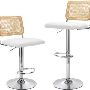 Finnhomy Modern Rattan Bar Stools Set of 2 - Natural Woven Design, Swivel Seat, Footrest, and Cane Backrest, Height Adjustable Bar Chairs for Kitchen Counter and Dining Room, PU Whisky