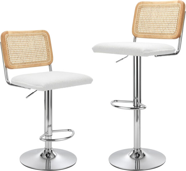 Finnhomy Modern Rattan Bar Stools Set of 2 - Natural Woven Design, Swivel Seat, Footrest, and Cane Backrest, Height Adjustable Bar Chairs for Kitchen Counter and Dining Room, PU Whisky