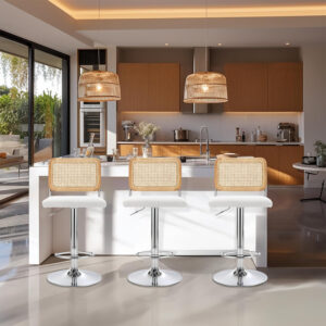 Finnhomy Modern Rattan Bar Stools Set of 2 - Natural Woven Design, Swivel Seat, Footrest, and Cane Backrest, Height Adjustable Bar Chairs for Kitchen Counter and Dining Room, PU Whisky