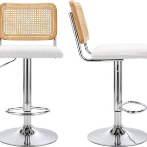 Finnhomy Modern Rattan Bar Stools Set of 2 - Natural Woven Design, Swivel Seat, Footrest, and Cane Backrest, Height Adjustable Bar Chairs for Kitchen Counter and Dining Room, PU Whisky