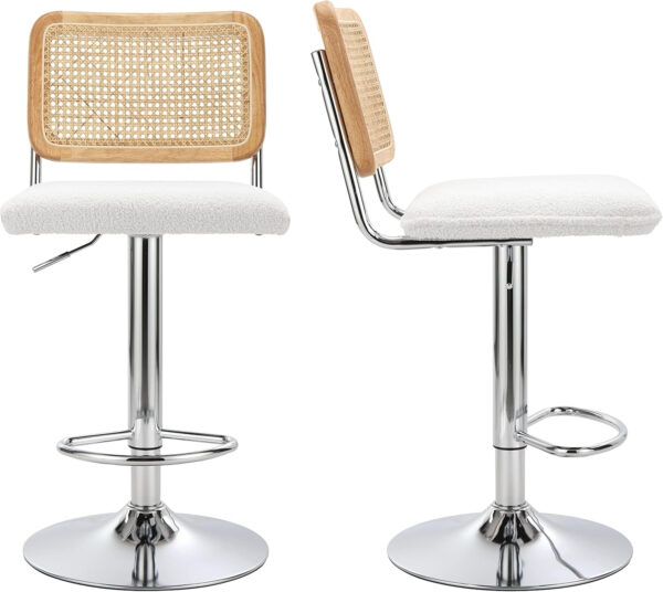 Finnhomy Modern Rattan Bar Stools Set of 2 - Natural Woven Design, Swivel Seat, Footrest, and Cane Backrest, Height Adjustable Bar Chairs for Kitchen Counter and Dining Room, PU Whisky