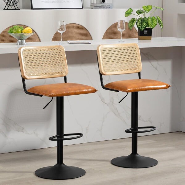 Finnhomy Modern Rattan Bar Stools Set of 2 - Natural Woven Design, Swivel Seat, Footrest, and Cane Backrest, Height Adjustable Bar Chairs for Kitchen Counter and Dining Room, PU Whisky