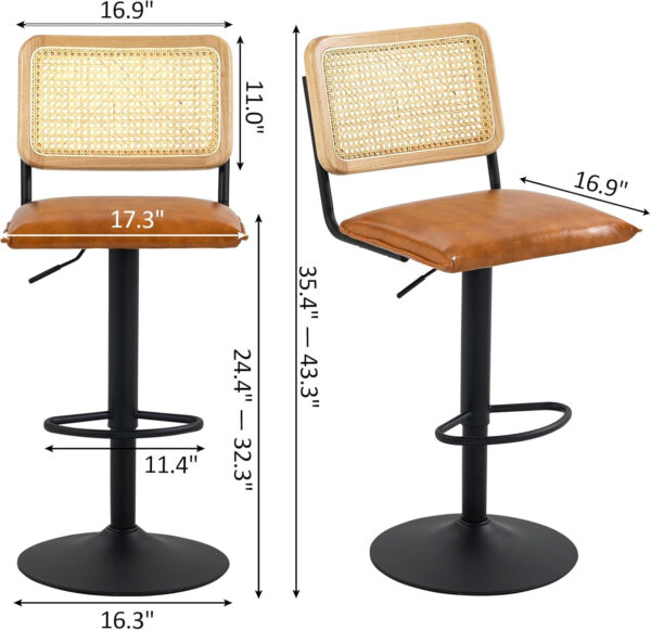 Finnhomy Modern Rattan Bar Stools Set of 2 - Natural Woven Design, Swivel Seat, Footrest, and Cane Backrest, Height Adjustable Bar Chairs for Kitchen Counter and Dining Room, PU Whisky
