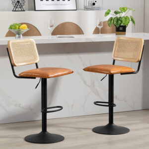 Finnhomy Modern Rattan Bar Stools Set of 2 - Natural Woven Design, Swivel Seat, Footrest, and Cane Backrest, Height Adjustable Bar Chairs for Kitchen Counter and Dining Room, PU Whisky