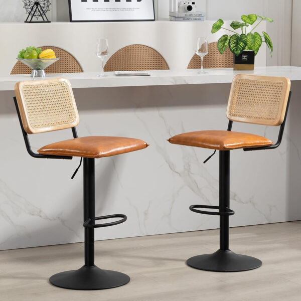 Finnhomy Modern Rattan Bar Stools Set of 2 - Natural Woven Design, Swivel Seat, Footrest, and Cane Backrest, Height Adjustable Bar Chairs for Kitchen Counter and Dining Room, PU Whisky