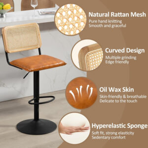 Finnhomy Modern Rattan Bar Stools Set of 2 - Natural Woven Design, Swivel Seat, Footrest, and Cane Backrest, Height Adjustable Bar Chairs for Kitchen Counter and Dining Room, PU Whisky