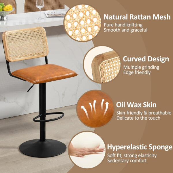 Finnhomy Modern Rattan Bar Stools Set of 2 - Natural Woven Design, Swivel Seat, Footrest, and Cane Backrest, Height Adjustable Bar Chairs for Kitchen Counter and Dining Room, PU Whisky