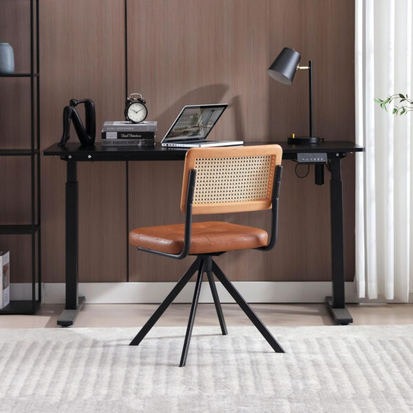 Zesthouse Rattan Desk Chair No Wheels, Mid Century Modern Home Office Chair with Cane Mesh & Wooden Back, Vintage Faux Leather Swivel Accent Chair, Upholstered Armless Computer Task Chair,Brown