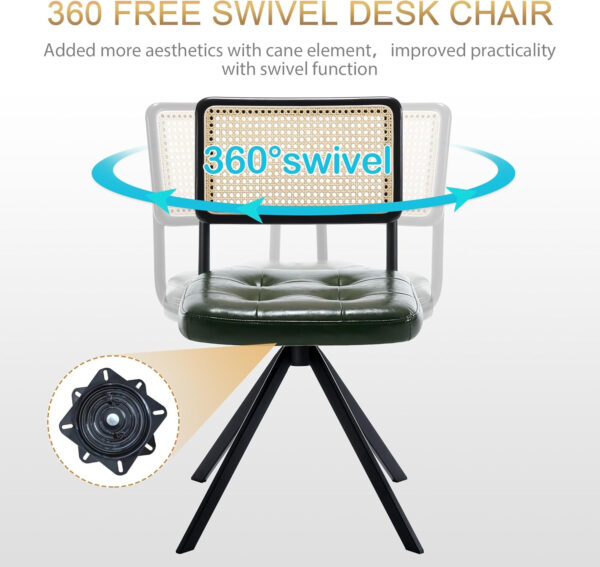 Zesthouse Rattan Desk Chair No Wheels, Mid Century Modern Home Office Chair with Cane Mesh & Wooden Back, Vintage Faux Leather Swivel Accent Chair, Upholstered Armless Computer Task Chair,Brown