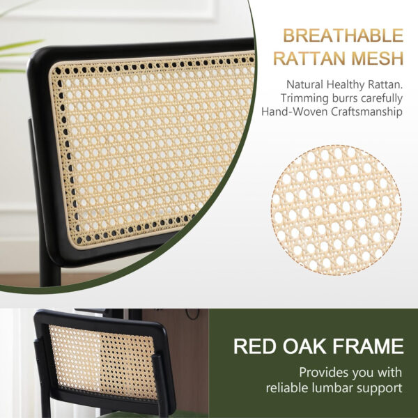 Zesthouse Rattan Desk Chair No Wheels, Mid Century Modern Home Office Chair with Cane Mesh & Wooden Back, Vintage Faux Leather Swivel Accent Chair, Upholstered Armless Computer Task Chair,Brown