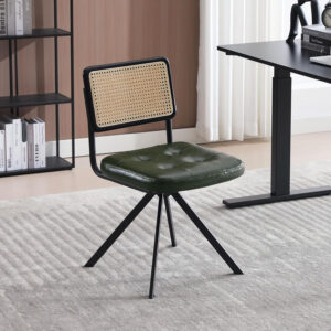 Zesthouse Rattan Desk Chair No Wheels, Mid Century Modern Home Office Chair with Cane Mesh & Wooden Back, Vintage Faux Leather Swivel Accent Chair, Upholstered Armless Computer Task Chair,Brown