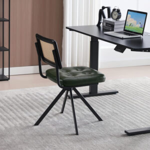 Zesthouse Rattan Desk Chair No Wheels, Mid Century Modern Home Office Chair with Cane Mesh & Wooden Back, Vintage Faux Leather Swivel Accent Chair, Upholstered Armless Computer Task Chair,Brown