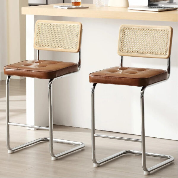 Zesthouse Natural Rattan Bar Stools Set of 2, Modern Counter Height Stools with Solid Wood Back, 26'' Counter Height Chairs, Mid Century Cantilevered Bar Chairs for Kitchen Island, Faux Leather Brown