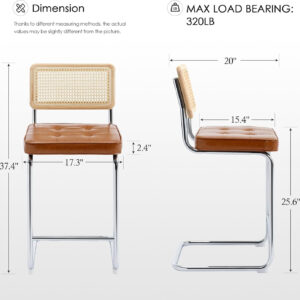 Zesthouse Natural Rattan Bar Stools Set of 2, Modern Counter Height Stools with Solid Wood Back, 26'' Counter Height Chairs, Mid Century Cantilevered Bar Chairs for Kitchen Island, Faux Leather Brown