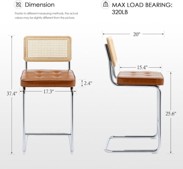 Zesthouse Natural Rattan Bar Stools Set of 2, Modern Counter Height Stools with Solid Wood Back, 26'' Counter Height Chairs, Mid Century Cantilevered Bar Chairs for Kitchen Island, Faux Leather Brown