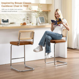 Zesthouse Natural Rattan Bar Stools Set of 2, Modern Counter Height Stools with Solid Wood Back, 26'' Counter Height Chairs, Mid Century Cantilevered Bar Chairs for Kitchen Island, Faux Leather Brown