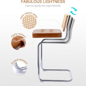 Zesthouse Natural Rattan Bar Stools Set of 2, Modern Counter Height Stools with Solid Wood Back, 26'' Counter Height Chairs, Mid Century Cantilevered Bar Chairs for Kitchen Island, Faux Leather Brown