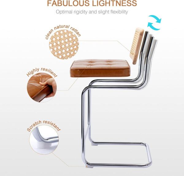 Zesthouse Natural Rattan Bar Stools Set of 2, Modern Counter Height Stools with Solid Wood Back, 26'' Counter Height Chairs, Mid Century Cantilevered Bar Chairs for Kitchen Island, Faux Leather Brown