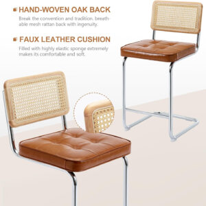 Zesthouse Natural Rattan Bar Stools Set of 2, Modern Counter Height Stools with Solid Wood Back, 26'' Counter Height Chairs, Mid Century Cantilevered Bar Chairs for Kitchen Island, Faux Leather Brown