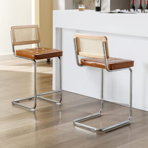 Zesthouse Natural Rattan Bar Stools Set of 2, Modern Counter Height Stools with Solid Wood Back, 26'' Counter Height Chairs, Mid Century Cantilevered Bar Chairs for Kitchen Island, Faux Leather Brown