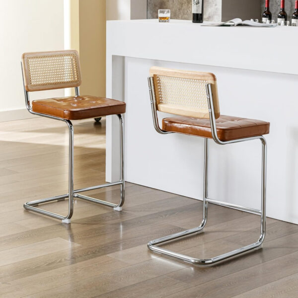 Zesthouse Natural Rattan Bar Stools Set of 2, Modern Counter Height Stools with Solid Wood Back, 26'' Counter Height Chairs, Mid Century Cantilevered Bar Chairs for Kitchen Island, Faux Leather Brown