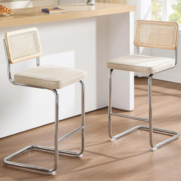 Zesthouse Natural Rattan Bar Stools Set of 2, Modern Counter Height Stools with Solid Wood Back, 26'' Counter Height Chairs, Mid Century Cantilevered Bar Chairs for Kitchen Island, Faux Leather Brown