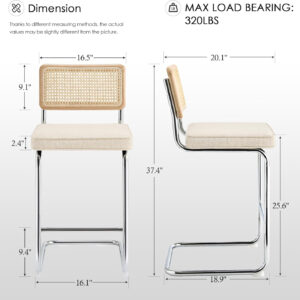 Zesthouse Natural Rattan Bar Stools Set of 2, Modern Counter Height Stools with Solid Wood Back, 26'' Counter Height Chairs, Mid Century Cantilevered Bar Chairs for Kitchen Island, Faux Leather Brown