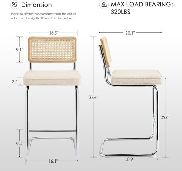 Zesthouse Natural Rattan Bar Stools Set of 2, Modern Counter Height Stools with Solid Wood Back, 26'' Counter Height Chairs, Mid Century Cantilevered Bar Chairs for Kitchen Island, Faux Leather Brown