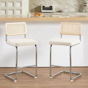 Zesthouse Natural Rattan Bar Stools Set of 2, Modern Counter Height Stools with Solid Wood Back, 26'' Counter Height Chairs, Mid Century Cantilevered Bar Chairs for Kitchen Island, Faux Leather Brown