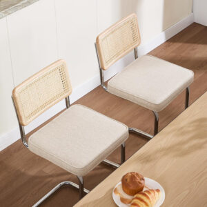 Zesthouse Natural Rattan Bar Stools Set of 2, Modern Counter Height Stools with Solid Wood Back, 26'' Counter Height Chairs, Mid Century Cantilevered Bar Chairs for Kitchen Island, Faux Leather Brown