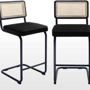 Zesthouse Natural Rattan Bar Stools Set of 2, Modern Counter Height Stools with Solid Wood Back, 26'' Counter Height Chairs, Mid Century Cantilevered Bar Chairs for Kitchen Island, Faux Leather Brown