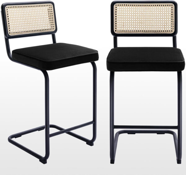 Zesthouse Natural Rattan Bar Stools Set of 2, Modern Counter Height Stools with Solid Wood Back, 26'' Counter Height Chairs, Mid Century Cantilevered Bar Chairs for Kitchen Island, Faux Leather Brown