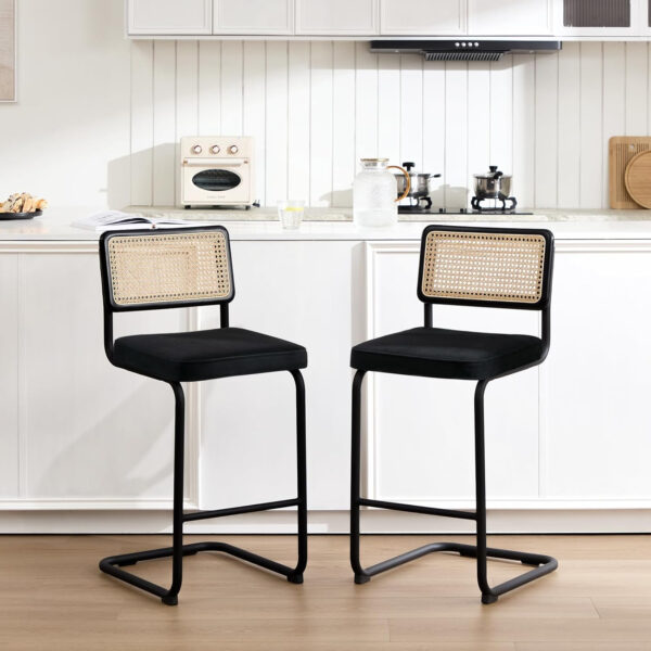 Zesthouse Natural Rattan Bar Stools Set of 2, Modern Counter Height Stools with Solid Wood Back, 26'' Counter Height Chairs, Mid Century Cantilevered Bar Chairs for Kitchen Island, Faux Leather Brown