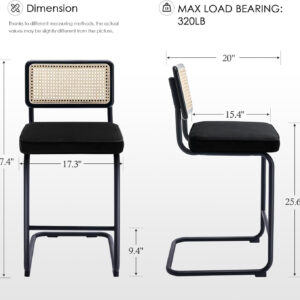 Zesthouse Natural Rattan Bar Stools Set of 2, Modern Counter Height Stools with Solid Wood Back, 26'' Counter Height Chairs, Mid Century Cantilevered Bar Chairs for Kitchen Island, Faux Leather Brown