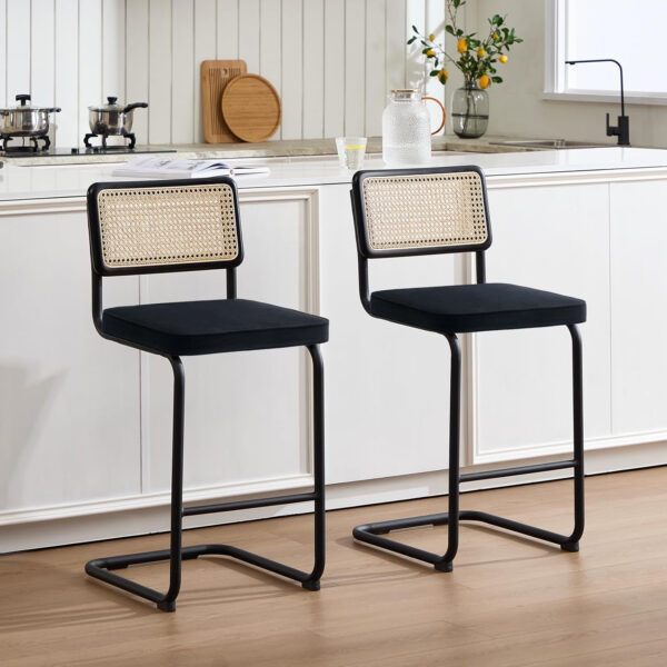 Zesthouse Natural Rattan Bar Stools Set of 2, Modern Counter Height Stools with Solid Wood Back, 26'' Counter Height Chairs, Mid Century Cantilevered Bar Chairs for Kitchen Island, Faux Leather Brown