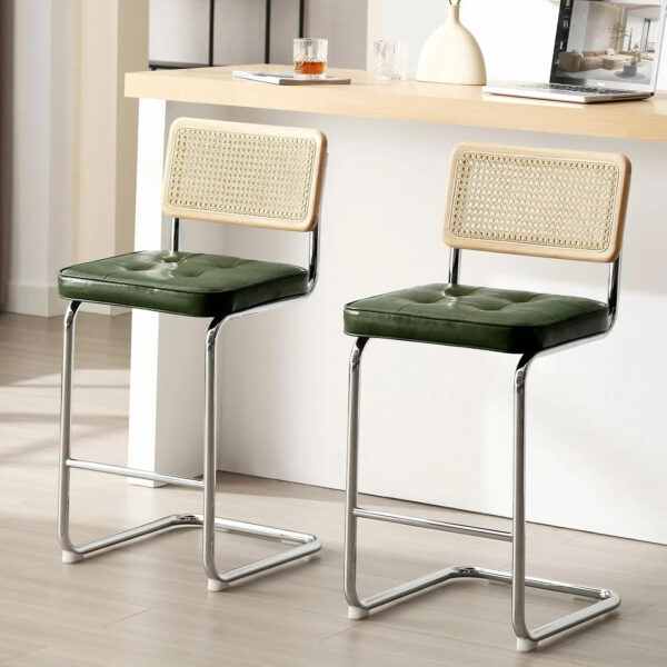 Zesthouse Natural Rattan Bar Stools Set of 2, Modern Counter Height Stools with Solid Wood Back, 26'' Counter Height Chairs, Mid Century Cantilevered Bar Chairs for Kitchen Island, Faux Leather Brown