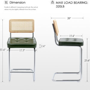 Zesthouse Natural Rattan Bar Stools Set of 2, Modern Counter Height Stools with Solid Wood Back, 26'' Counter Height Chairs, Mid Century Cantilevered Bar Chairs for Kitchen Island, Faux Leather Brown