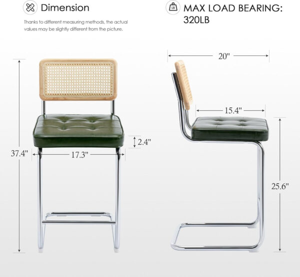 Zesthouse Natural Rattan Bar Stools Set of 2, Modern Counter Height Stools with Solid Wood Back, 26'' Counter Height Chairs, Mid Century Cantilevered Bar Chairs for Kitchen Island, Faux Leather Brown