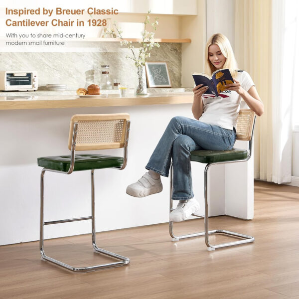 Zesthouse Natural Rattan Bar Stools Set of 2, Modern Counter Height Stools with Solid Wood Back, 26'' Counter Height Chairs, Mid Century Cantilevered Bar Chairs for Kitchen Island, Faux Leather Brown