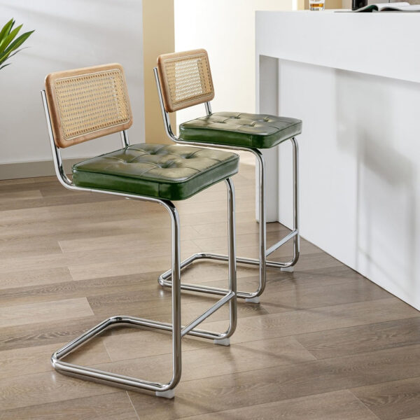 Zesthouse Natural Rattan Bar Stools Set of 2, Modern Counter Height Stools with Solid Wood Back, 26'' Counter Height Chairs, Mid Century Cantilevered Bar Chairs for Kitchen Island, Faux Leather Brown