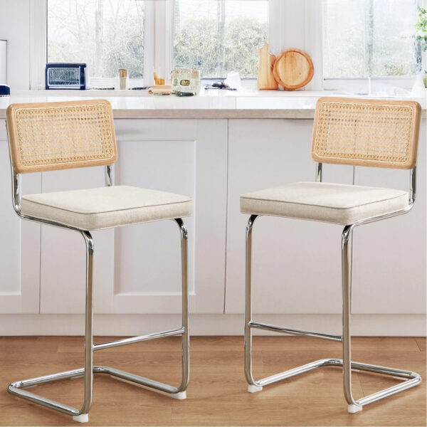 Zesthouse Natural Rattan Bar Stools Set of 2, Modern Counter Height Stools with Solid Wood Back, 26'' Counter Height Chairs, Mid Century Cantilevered Bar Chairs for Kitchen Island, Faux Leather Brown
