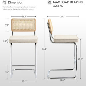 Zesthouse Natural Rattan Bar Stools Set of 2, Modern Counter Height Stools with Solid Wood Back, 26'' Counter Height Chairs, Mid Century Cantilevered Bar Chairs for Kitchen Island, Faux Leather Brown