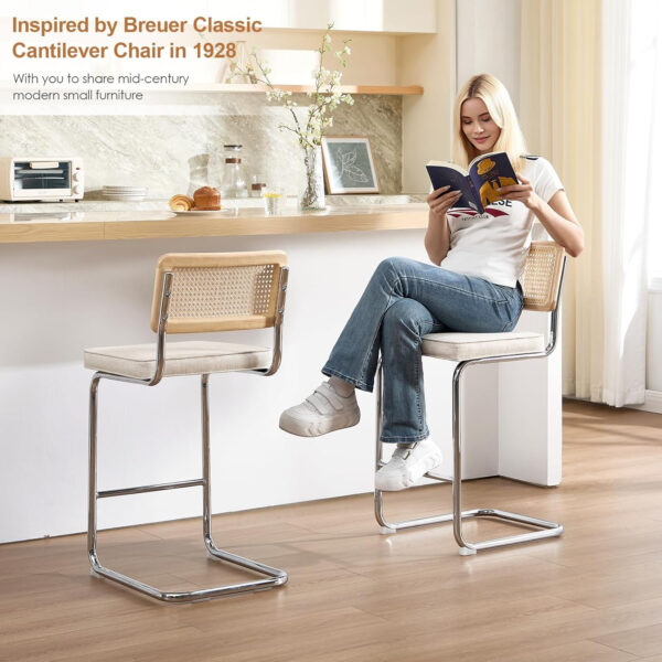 Zesthouse Natural Rattan Bar Stools Set of 2, Modern Counter Height Stools with Solid Wood Back, 26'' Counter Height Chairs, Mid Century Cantilevered Bar Chairs for Kitchen Island, Faux Leather Brown