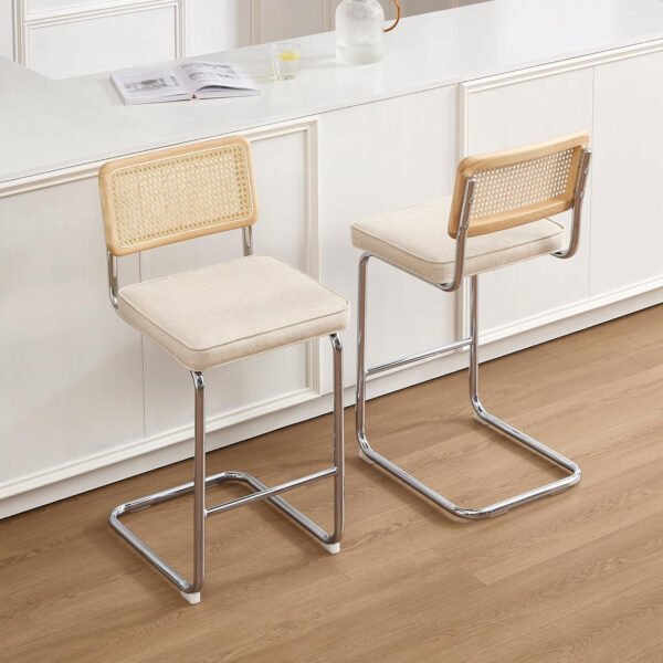 Zesthouse Natural Rattan Bar Stools Set of 2, Modern Counter Height Stools with Solid Wood Back, 26'' Counter Height Chairs, Mid Century Cantilevered Bar Chairs for Kitchen Island, Faux Leather Brown