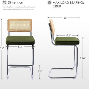 Zesthouse Natural Rattan Bar Stools Set of 2, Modern Counter Height Stools with Solid Wood Back, 26'' Counter Height Chairs, Mid Century Cantilevered Bar Chairs for Kitchen Island, Faux Leather Brown