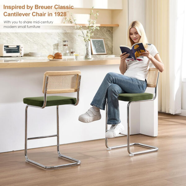 Zesthouse Natural Rattan Bar Stools Set of 2, Modern Counter Height Stools with Solid Wood Back, 26'' Counter Height Chairs, Mid Century Cantilevered Bar Chairs for Kitchen Island, Faux Leather Brown