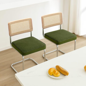 Zesthouse Natural Rattan Bar Stools Set of 2, Modern Counter Height Stools with Solid Wood Back, 26'' Counter Height Chairs, Mid Century Cantilevered Bar Chairs for Kitchen Island, Faux Leather Brown