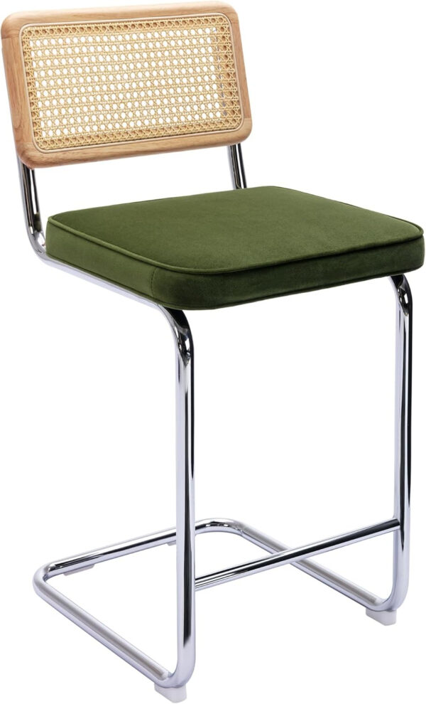 Zesthouse Natural Rattan Bar Stools Set of 2, Modern Counter Height Stools with Solid Wood Back, 26'' Counter Height Chairs, Mid Century Cantilevered Bar Chairs for Kitchen Island, Faux Leather Brown